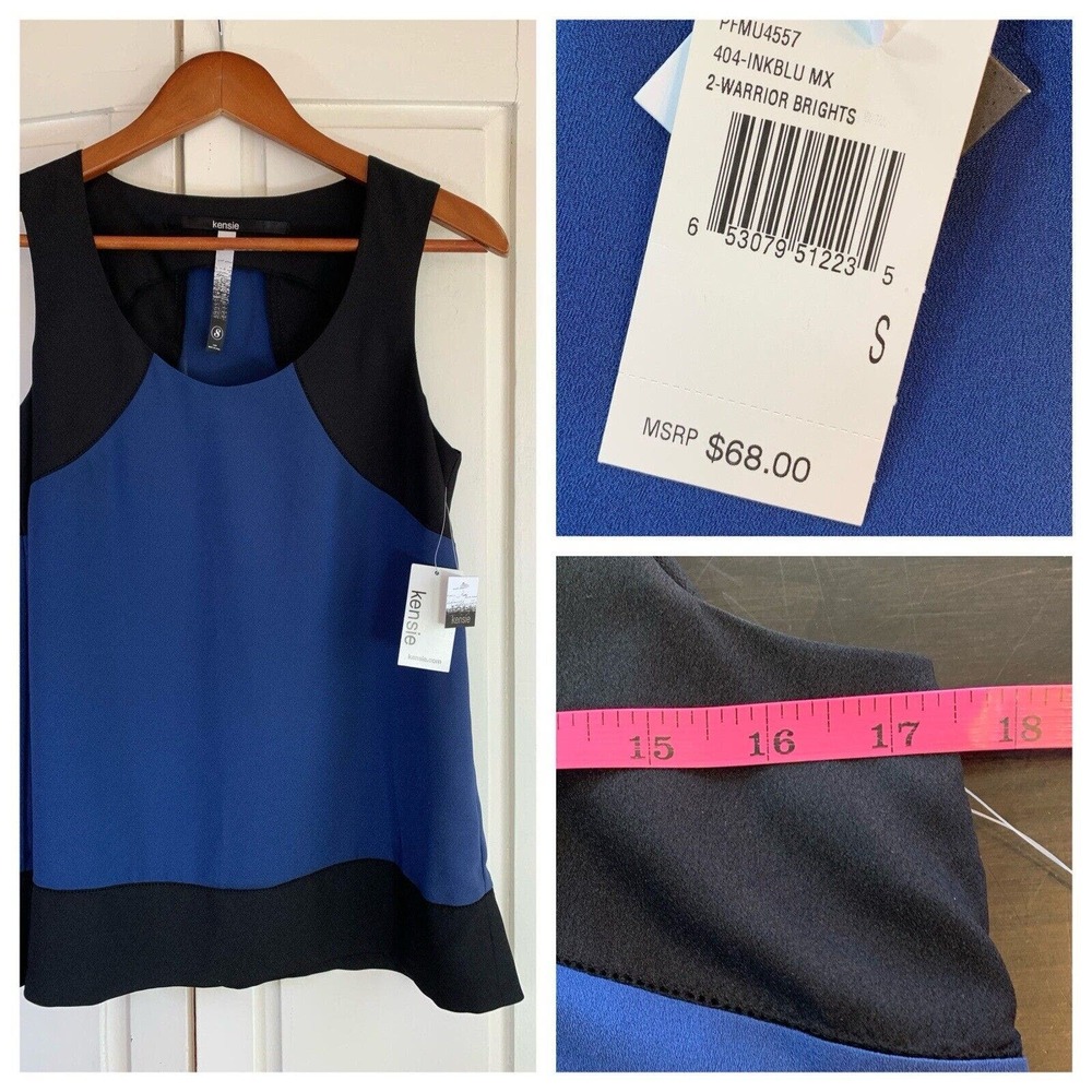 NWT Kensie Top Women's Small Blue Black Shell Color Block Corpcore Office Church